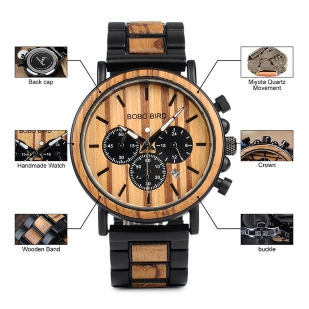 🌱MEN’S WOOD LUXURY CHRONOGRAPH MILITARY WATCH*NWT - Picture 6 of 8